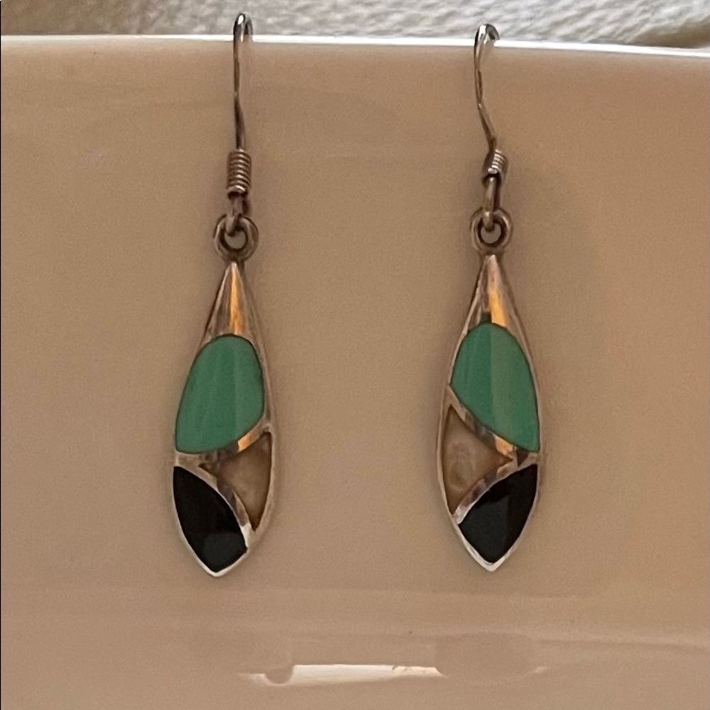 Sterling Silver drop pierced earrings, Mother of Pearl, Turquoise & black stone